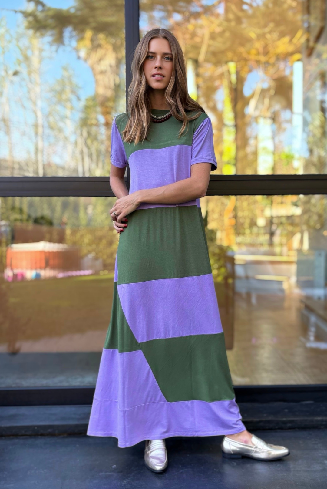 PRE VENTA VESTIDO DELFI OLIVE/LILA
