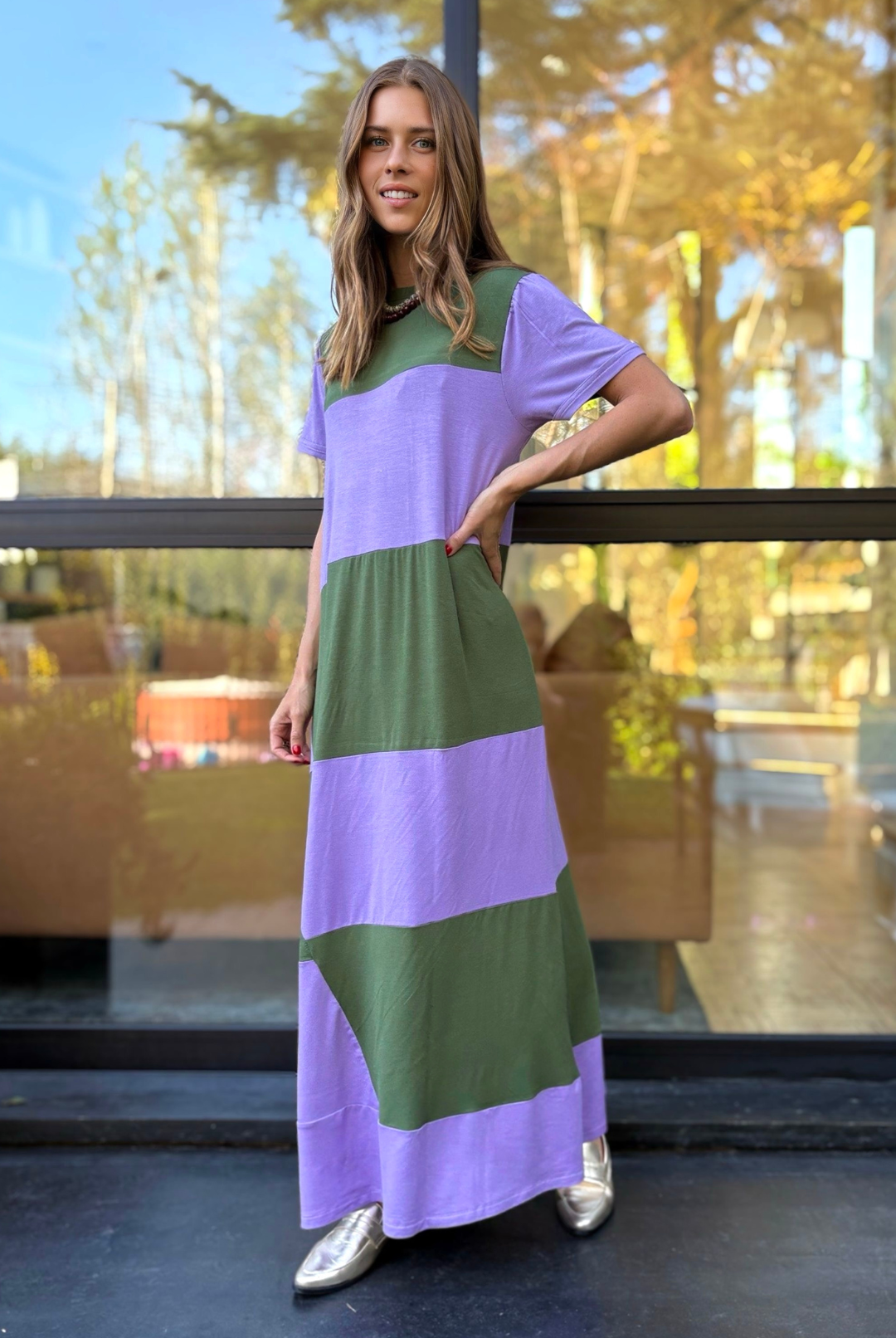 PRE VENTA VESTIDO DELFI OLIVE/LILA