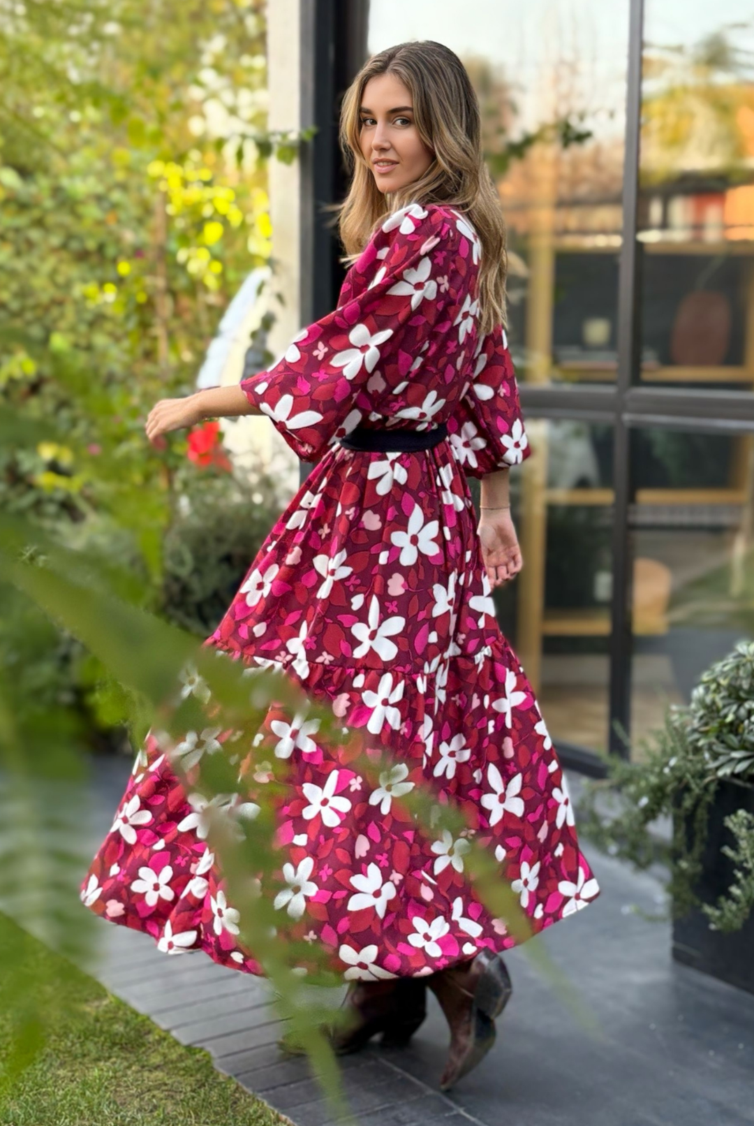 Vestido Marbella Burgundy/Pink Flowers
