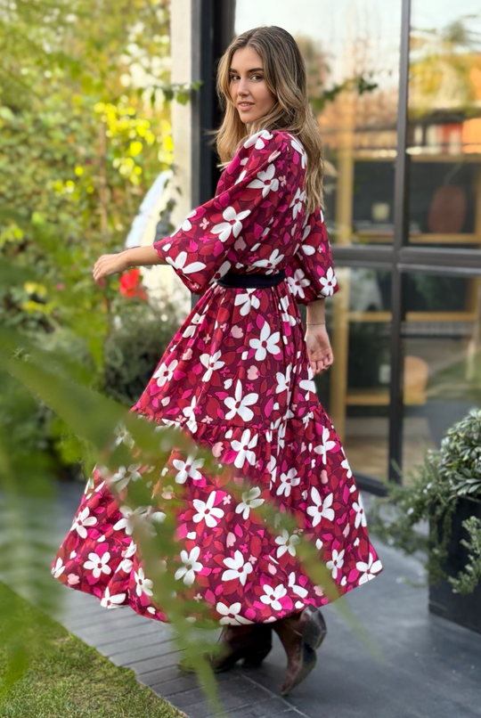 Vestido Marbella Burgundy/Pink Flowers