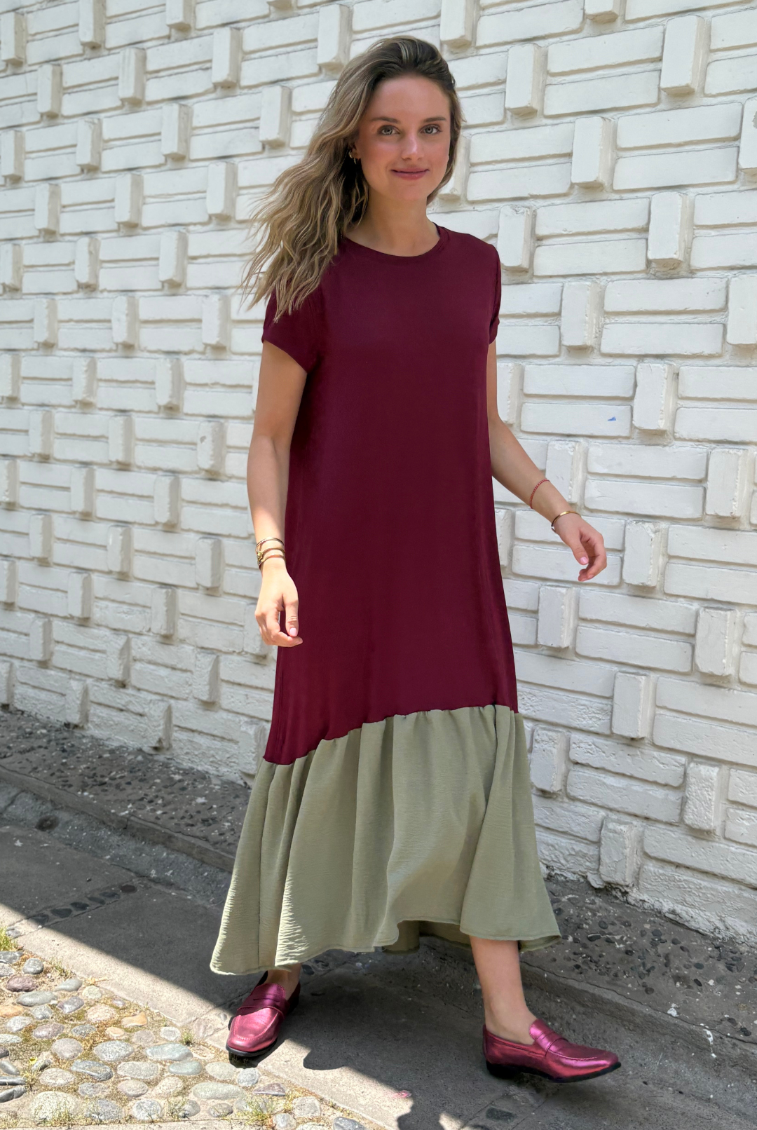 VESTIDO RUFALLO BORDEAUX/GREEN