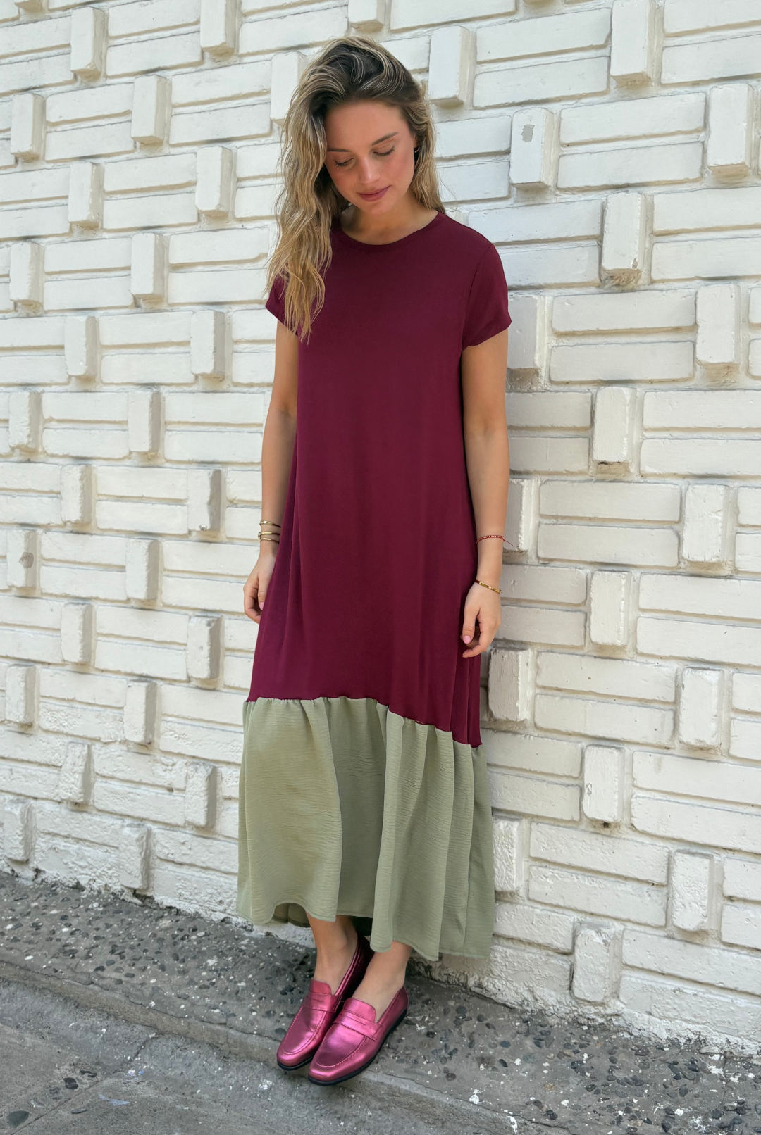 VESTIDO RUFALLO BORDEAUX/GREEN